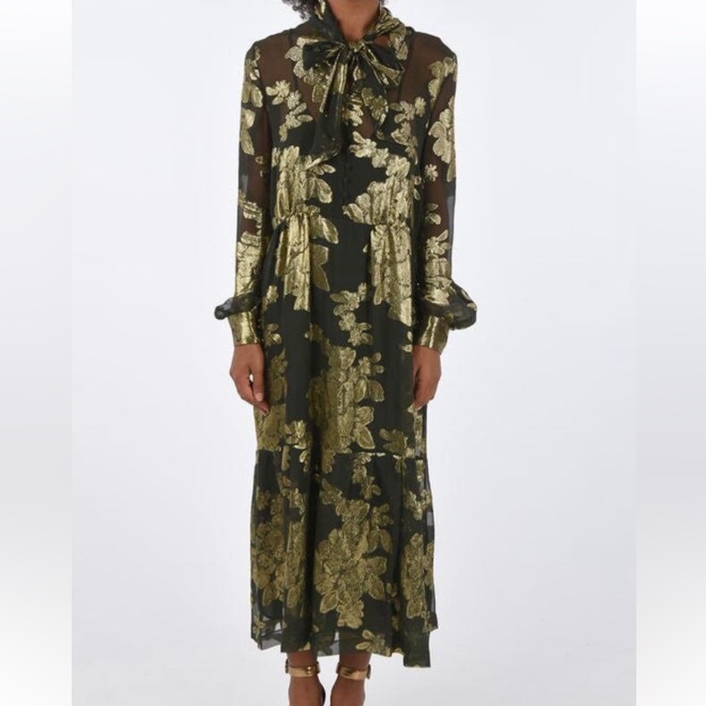 Saint Laurent Black and Gold Floral Tie-Neck Maxi Dress